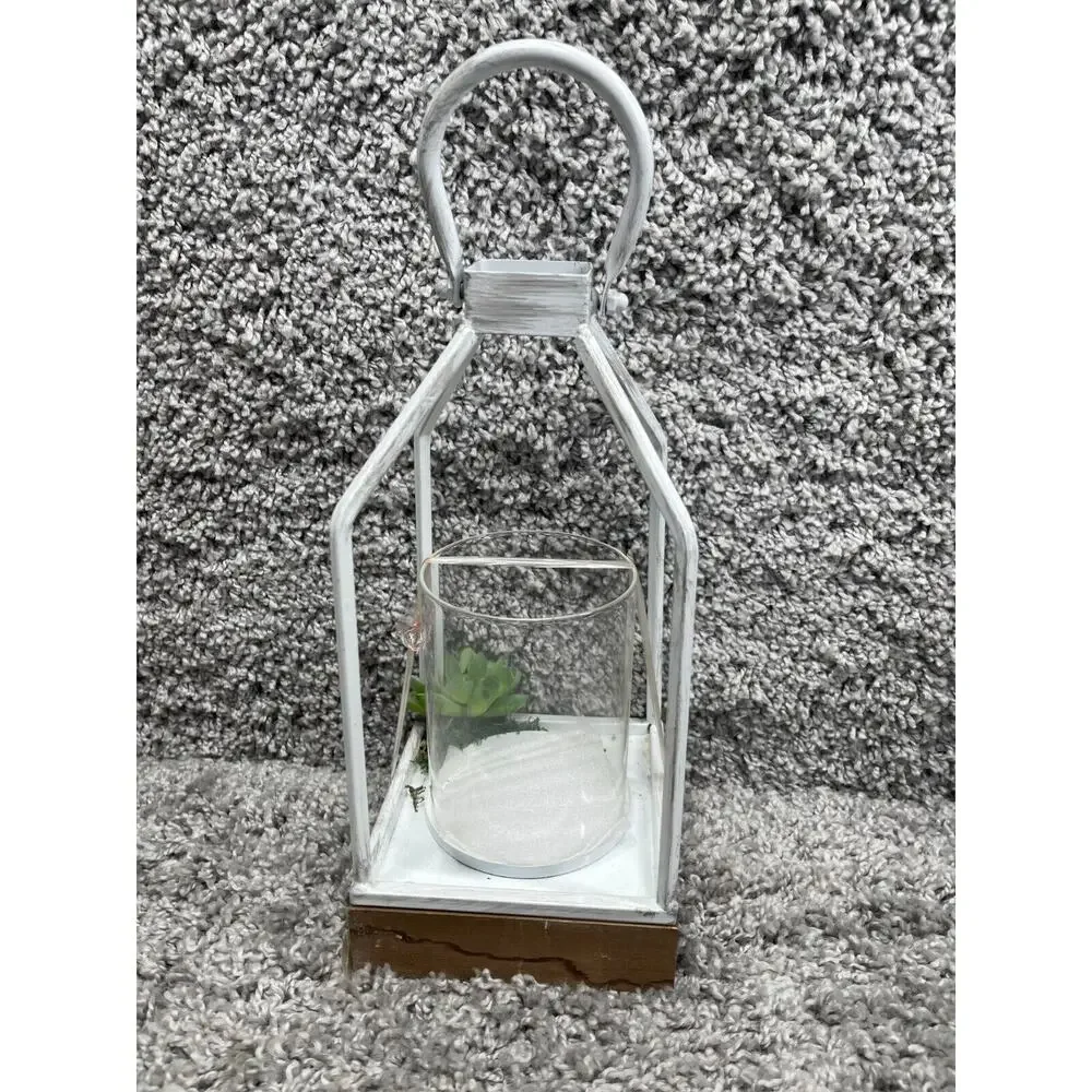 White Carriage Lantern Clear Cylinder Glass Center Candle Holder 14.5